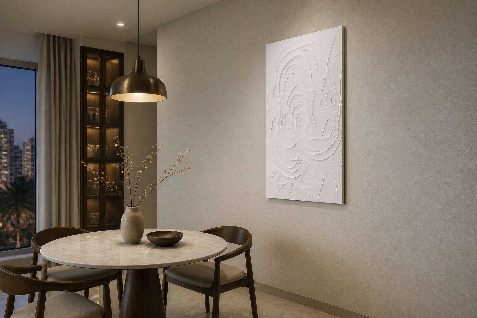 Folded Bloom Vortex white Corian wall panel left angle in luxury Mumbai dining room with bronze-toned lighting