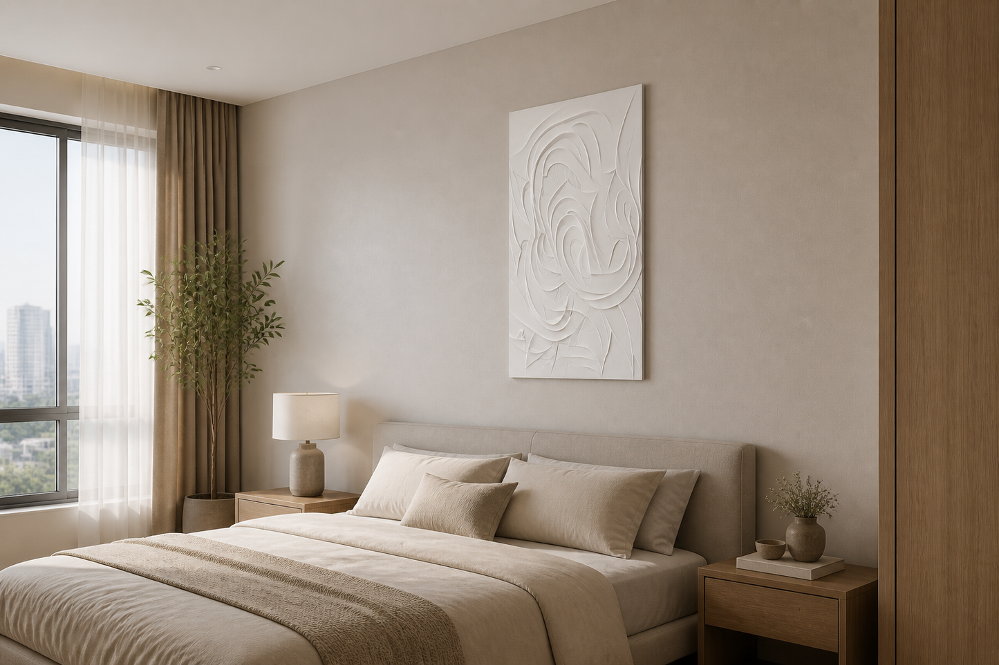 Folded Bloom Vortex white Corian wall panel right angle in Mumbai primary bedroom with upholstered feature wall