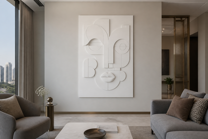 Modular Arch Visage white Corian wall panel front view in contemporary Mumbai lounge with soft-grey wall