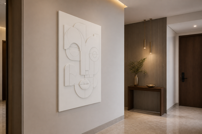 Modular Arch Visage white Corian wall panel left angle in luxury Mumbai apartment foyer with walnut console