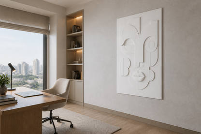 Modular Arch Visage white Corian wall panel right angle in architect-designed Mumbai home office
