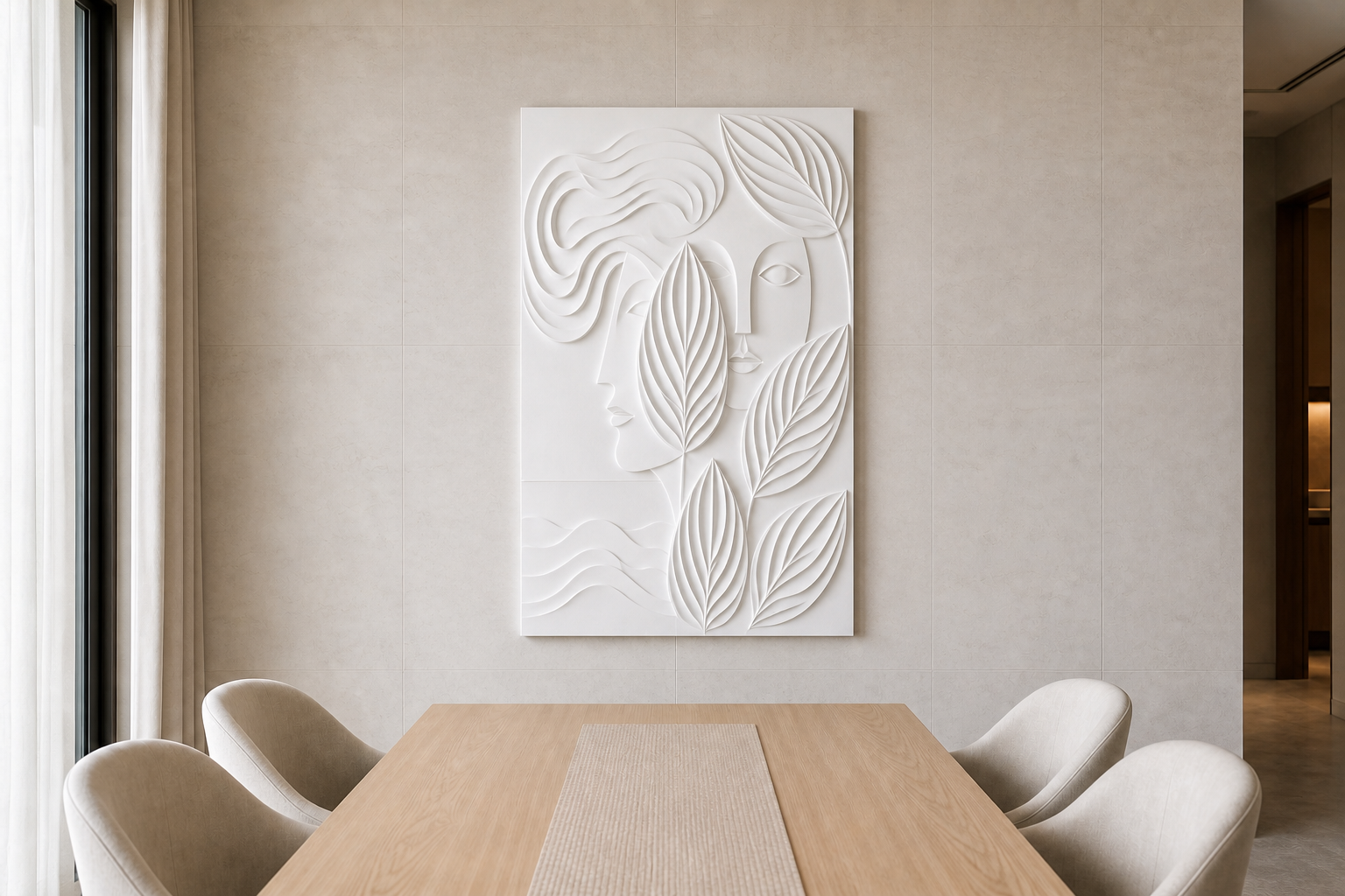 Leafbound Duet white Corian wall panel front view in Mumbai dining room with light-stone wall