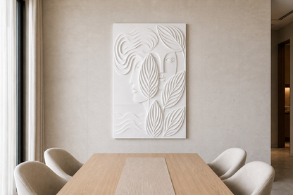Leafbound Duet white Corian wall panel front view in Mumbai dining room with light-stone wall