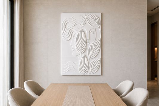 Leafbound Duet white Corian wall panel front view in Mumbai dining room with light-stone wall