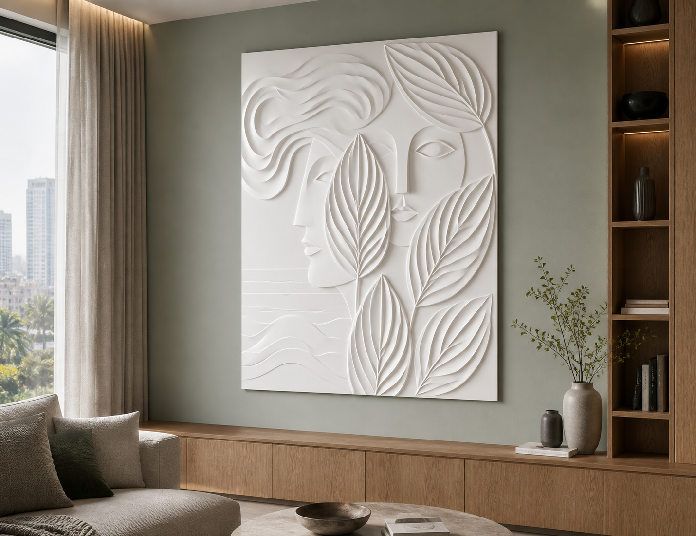 Leafbound Duet white Corian wall panel left angle in luxury Mumbai living room with celadon accent wall