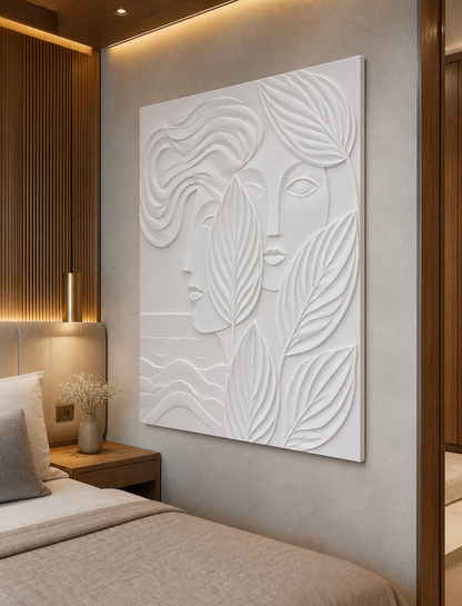 Leafbound Duet white Corian wall panel right angle in Mumbai primary bedroom with warm-oak joinery