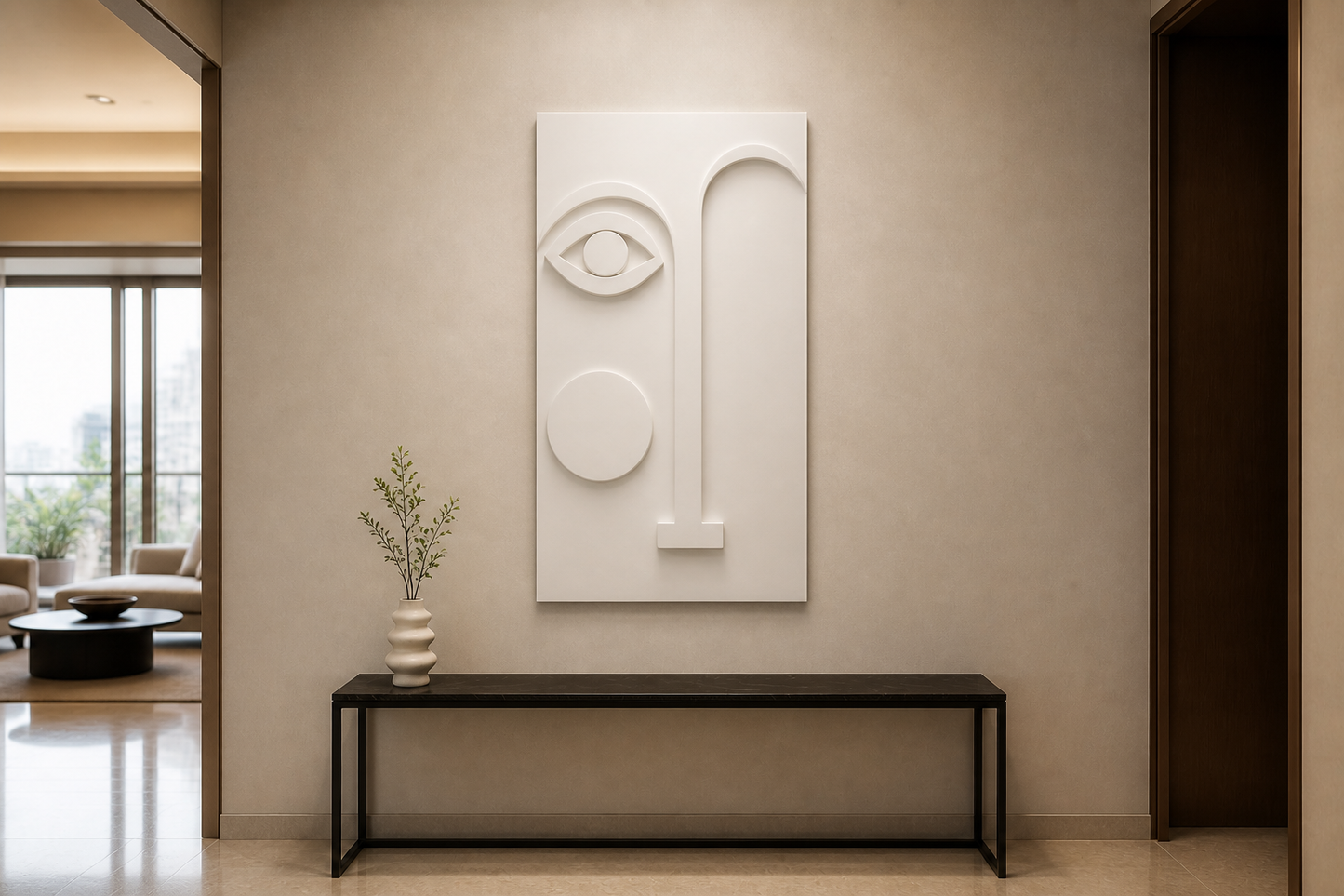 Tall Gaze white Corian wall panel front view in Mumbai foyer with black console