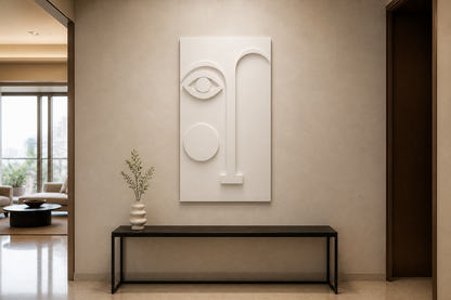 Tall Gaze white Corian wall panel front view in Mumbai foyer with black console