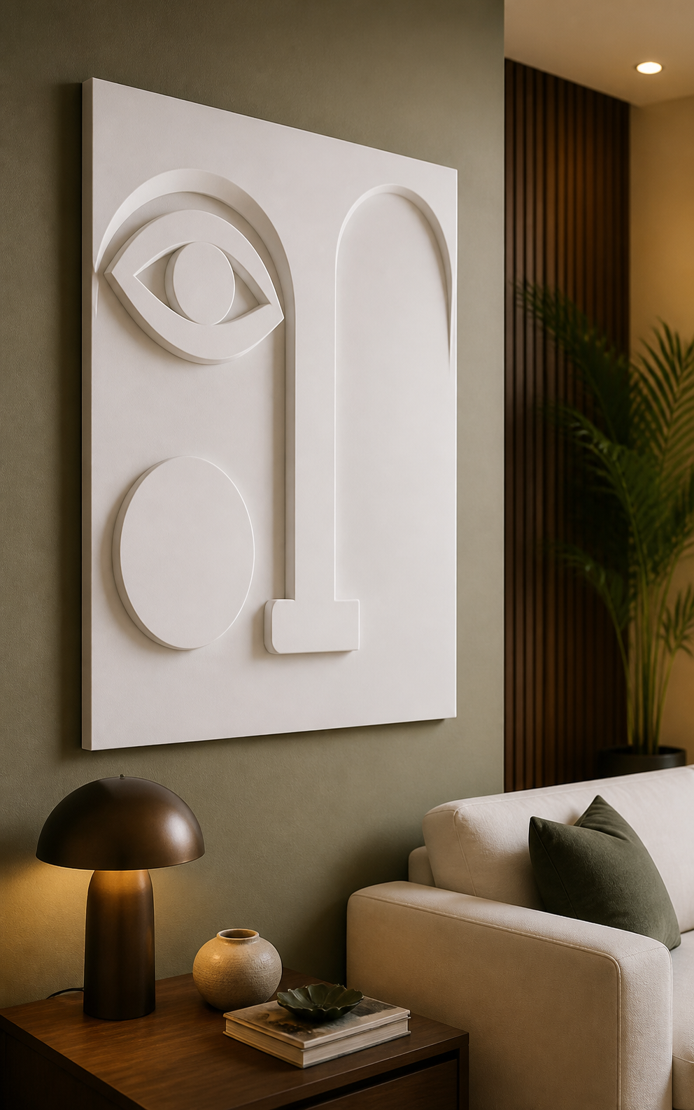 Tall Gaze white Corian wall panel left angle in compact Mumbai living room with olive accents