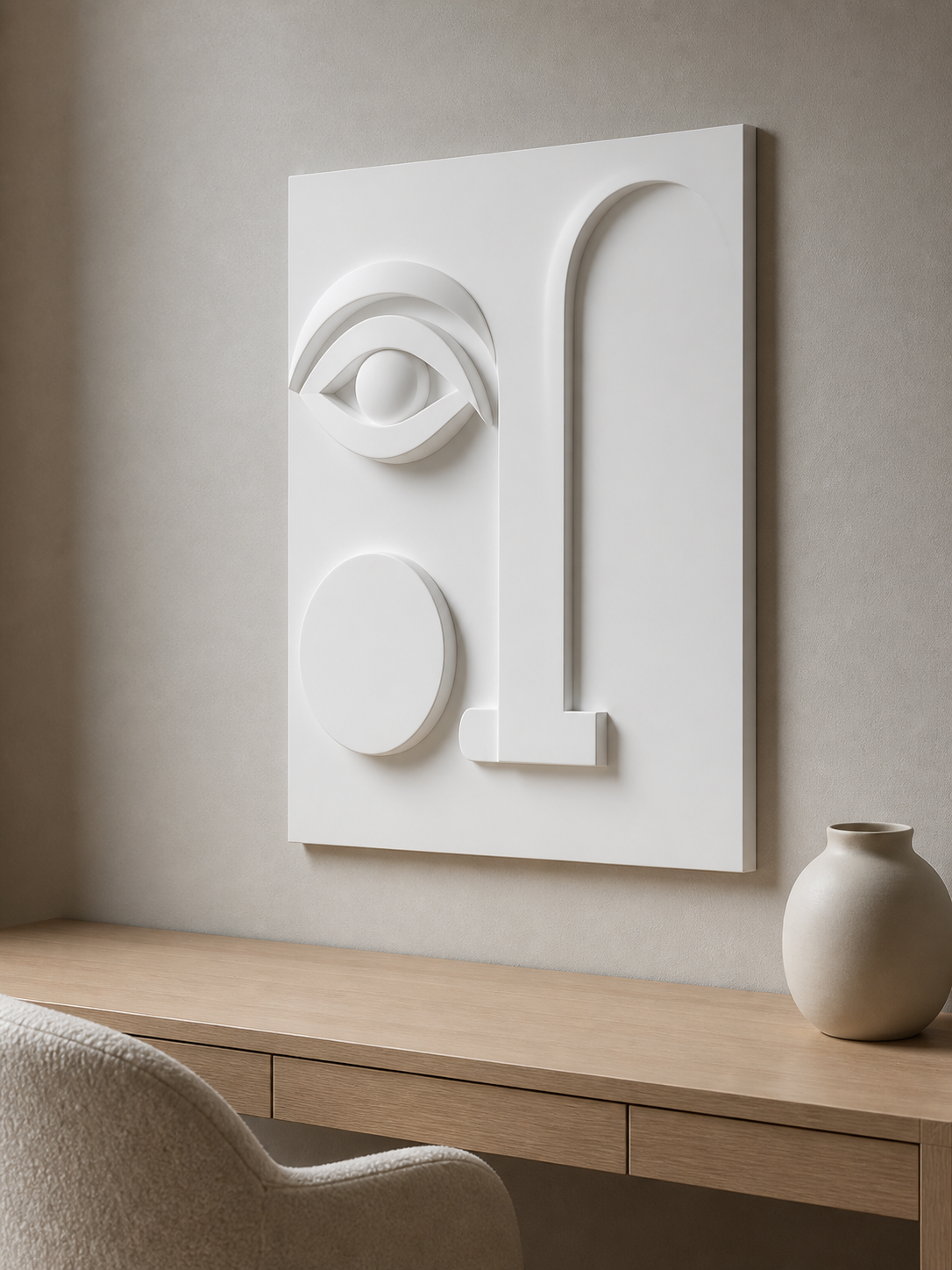 Tall Gaze white Corian wall panel right angle in Mumbai home study with pale-oak desk