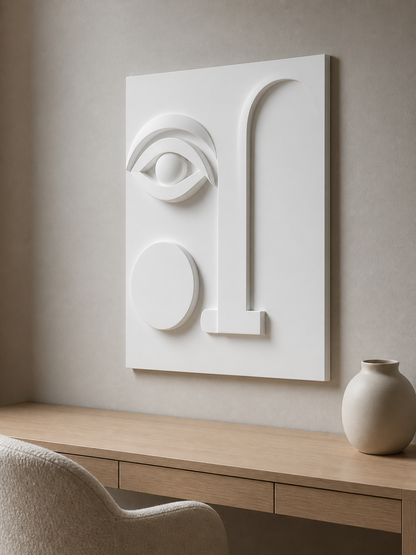 Tall Gaze white Corian wall panel right angle in Mumbai home study with pale-oak desk