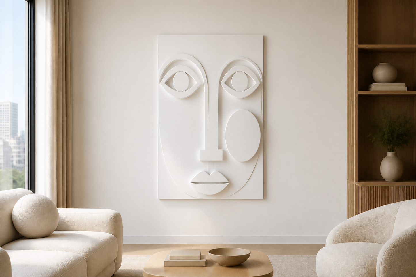Dual Gaze white Corian wall panel front view in luxury Mumbai living room