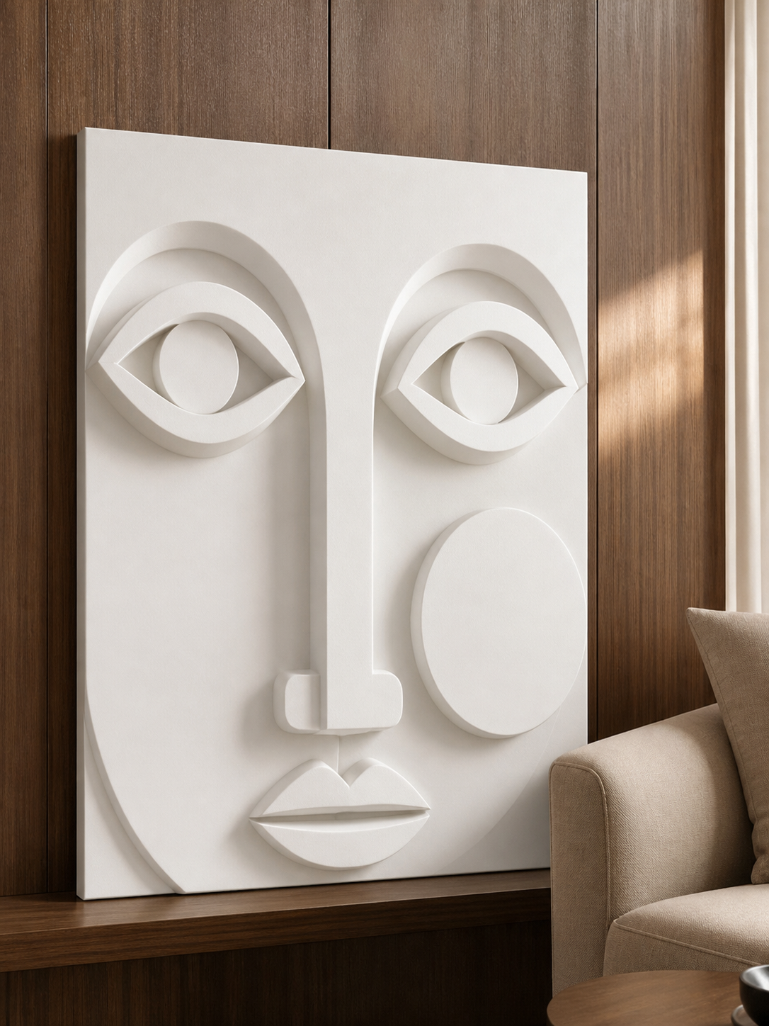 Dual Gaze white Corian wall panel left angle in Mumbai primary-bedroom sitting corner