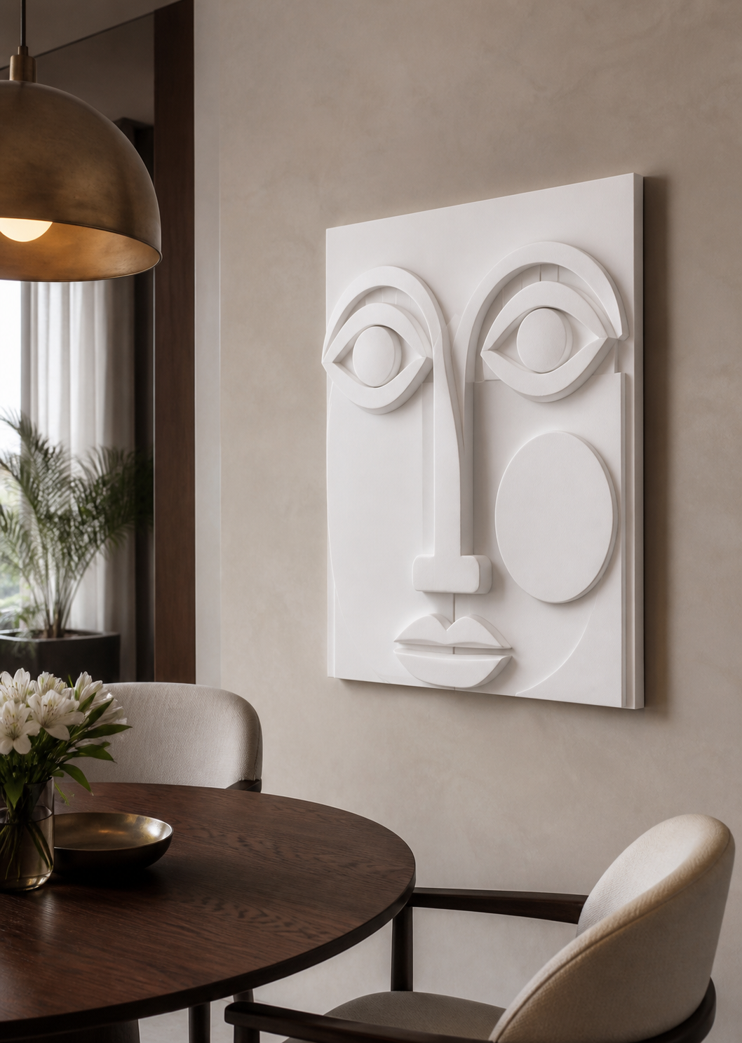 Dual Gaze white Corian wall panel right angle in intimate Mumbai dining niche