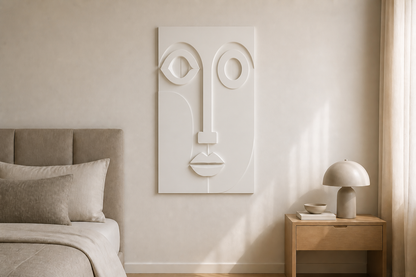 Offset Gaze white Corian wall panel front view in contemporary Mumbai bedroom