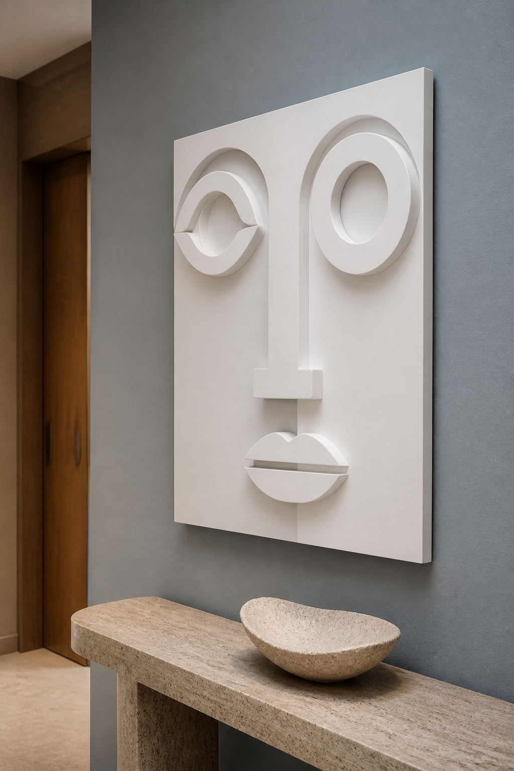 Offset Gaze white Corian wall panel right angle in Mumbai apartment foyer with sculptural console