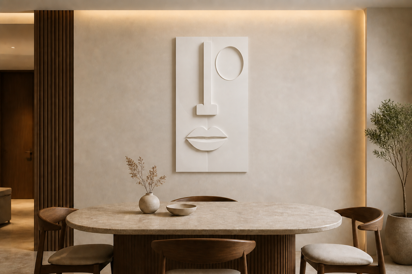 Quiet Orbit white Corian wall panel front view in Mumbai dining room with light-oak table