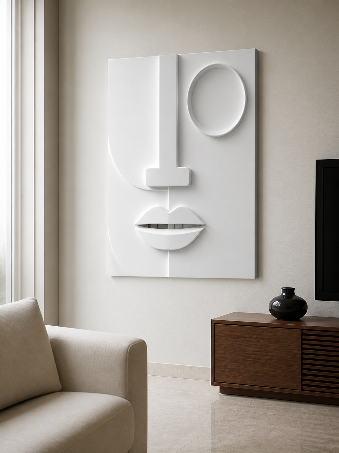 Quiet Orbit white Corian wall panel left angle in compact luxury Mumbai living room