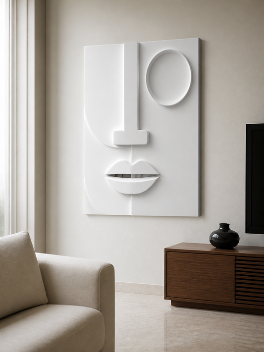 Quiet Orbit white Corian wall panel left angle in compact luxury Mumbai living room