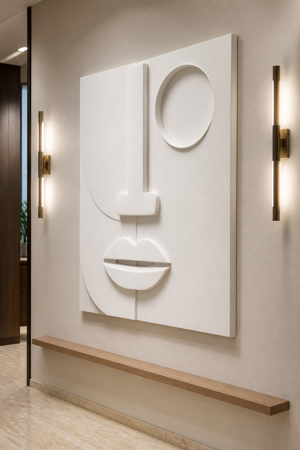 Quiet Orbit white Corian wall panel right angle in well-lit Mumbai apartment passage