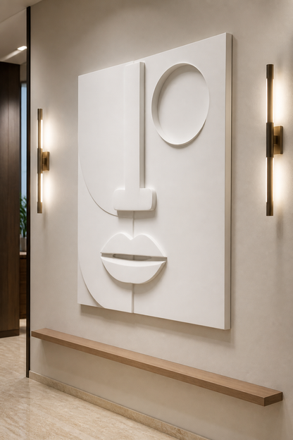 Quiet Orbit white Corian wall panel right angle in well-lit Mumbai apartment passage