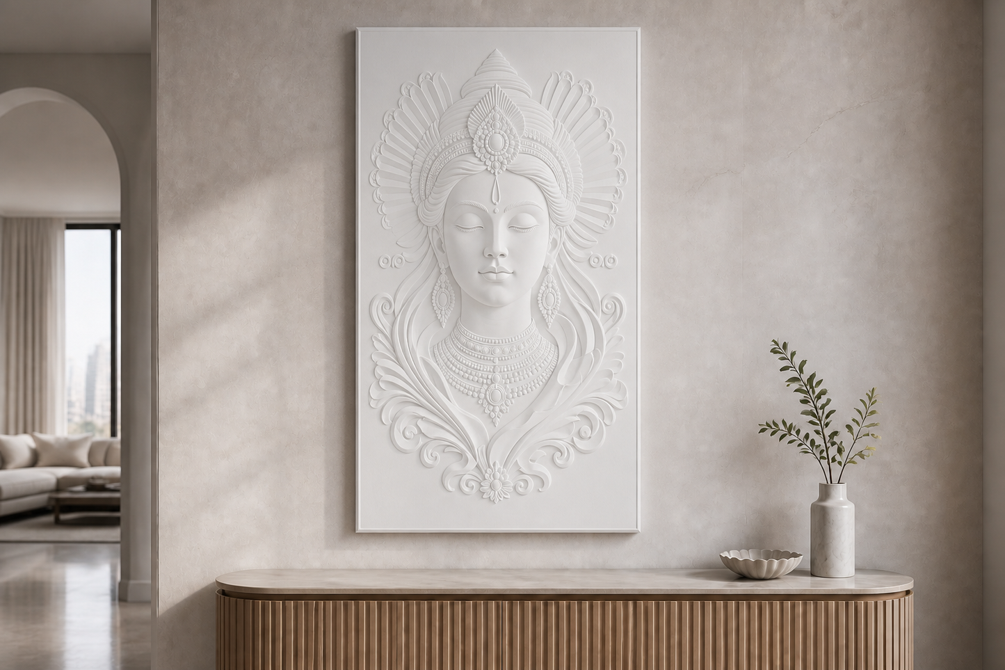 Crowned Serenity white Corian wall panel front view in formal Mumbai foyer with centred console