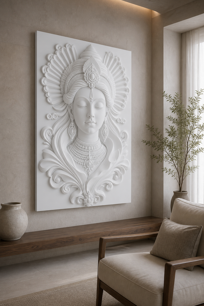 Crowned Serenity white Corian wall panel left angle in contemplative Mumbai living-room alcove