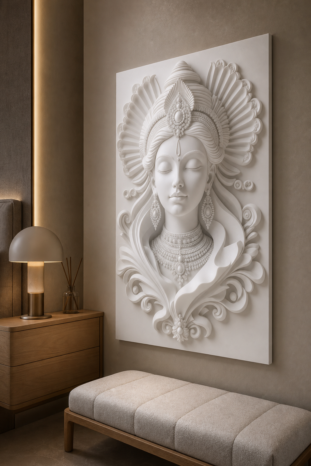 Crowned Serenity white Corian wall panel right angle in Mumbai primary-bedroom reflection corner