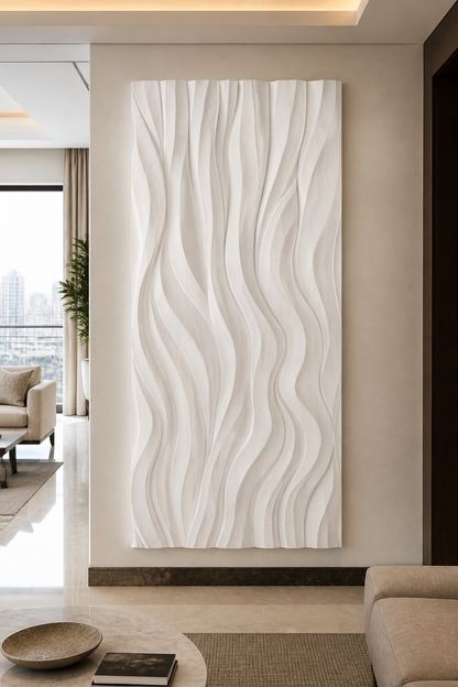 River Reed Drift white Corian wall panel front view in warm-greige South Mumbai living room