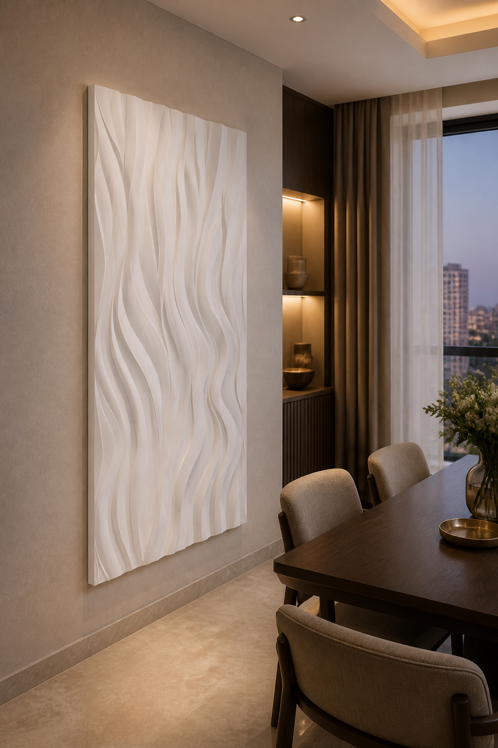 River Reed Drift white Corian wall panel left angle in Bandra apartment foyer with walnut console