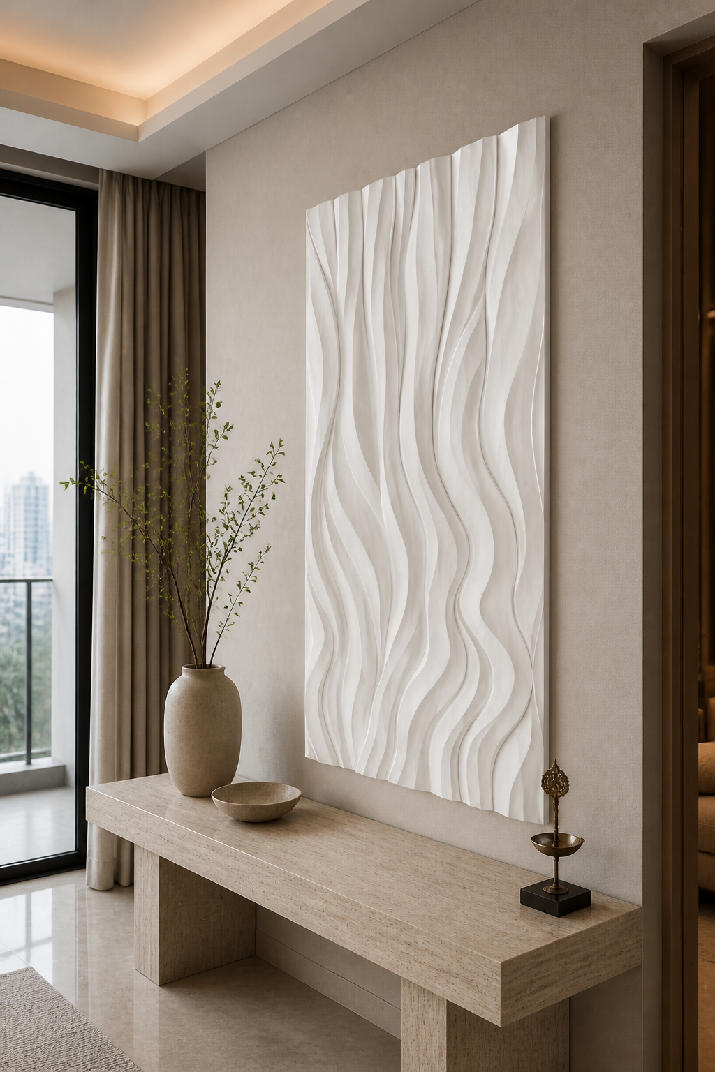 River Reed Drift white Corian wall panel right angle in quiet Powai home study with pale-oak desk