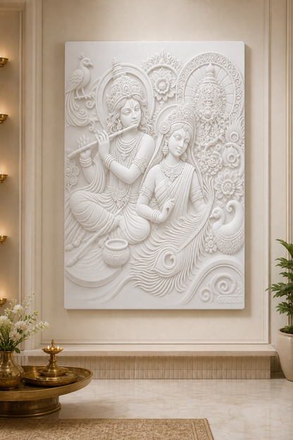 Peacock Raas Devotion white Corian wall panel front view in refined Worli living-room prayer corner
