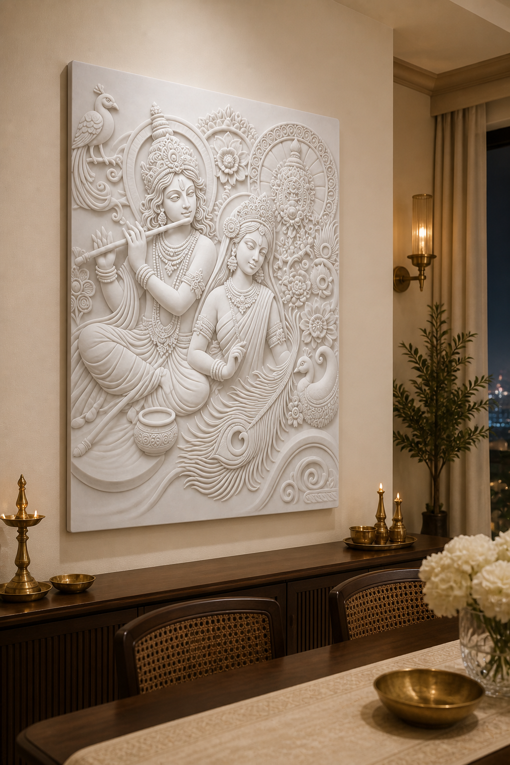 Peacock Raas Devotion white Corian wall panel left angle in purpose-built Juhu home mandir
