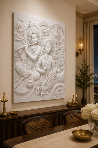 Peacock Raas Devotion white Corian wall panel left angle in purpose-built Juhu home mandir