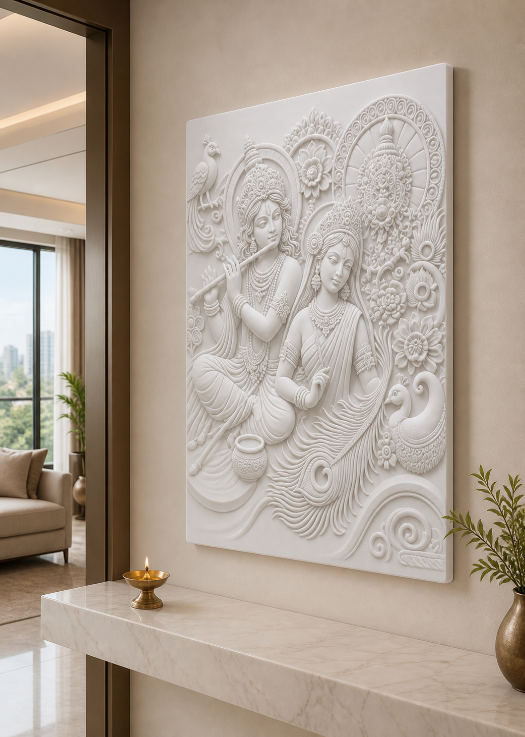 Peacock Raas Devotion white Corian wall panel right angle in formal Walkeshwar foyer with a centred console