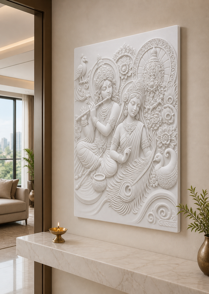 Peacock Raas Devotion white Corian wall panel right angle in formal Walkeshwar foyer with a centred console