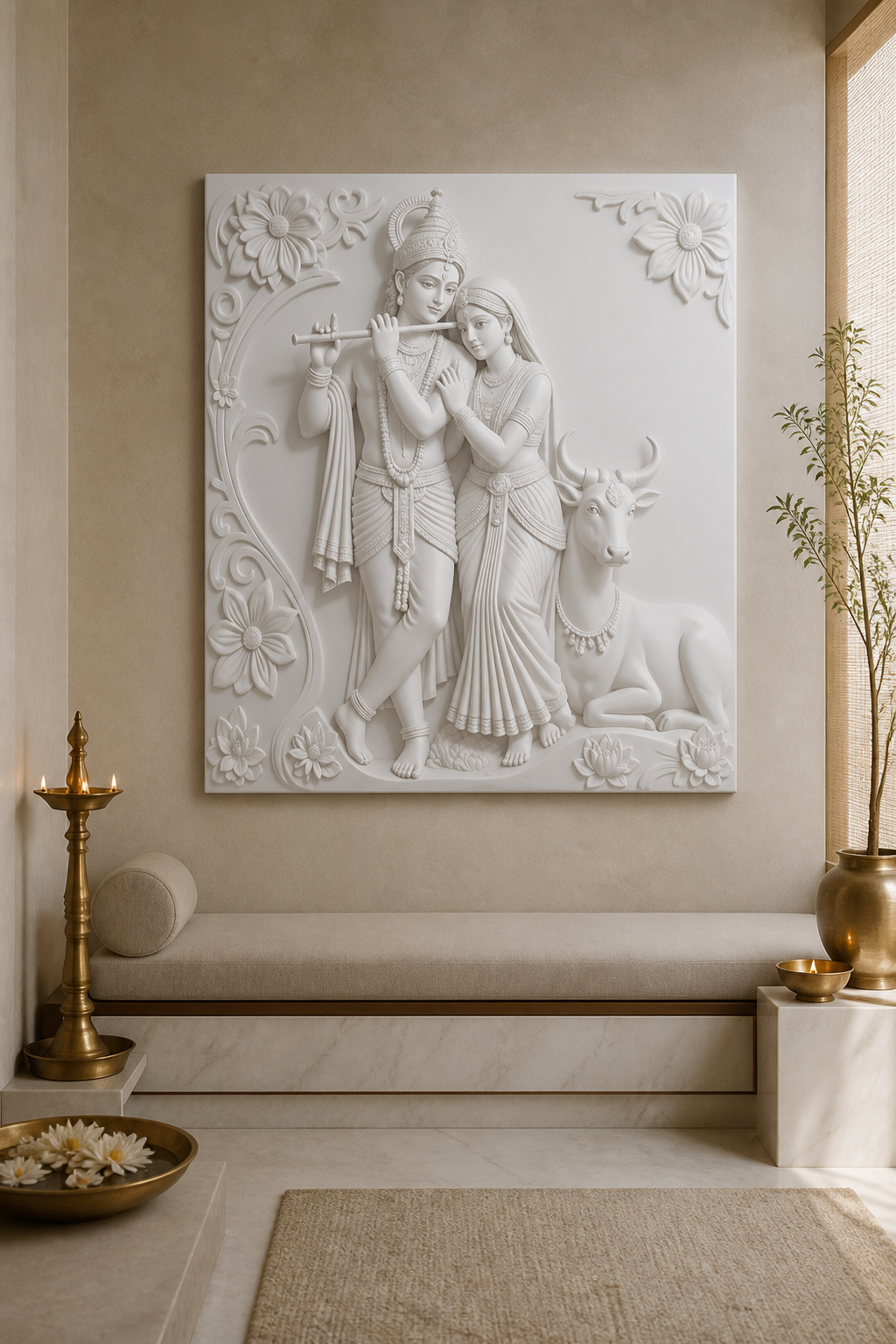 Vrindavan Grace white Corian wall panel front view in serene Malabar Hill home mandir