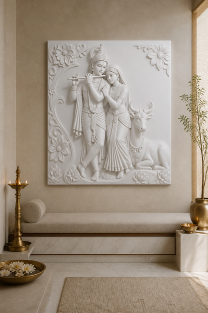 Vrindavan Grace white Corian wall panel front view in serene Malabar Hill home mandir