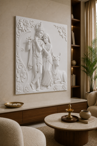 Vrindavan Grace white Corian wall panel left angle in ivory Bandra living-room prayer alcove