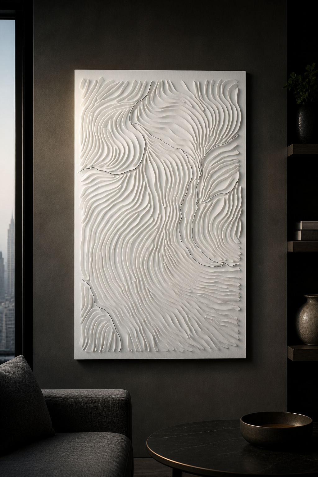 Contour Crossing white Corian wall panel front view in charcoal Lower Parel lounge