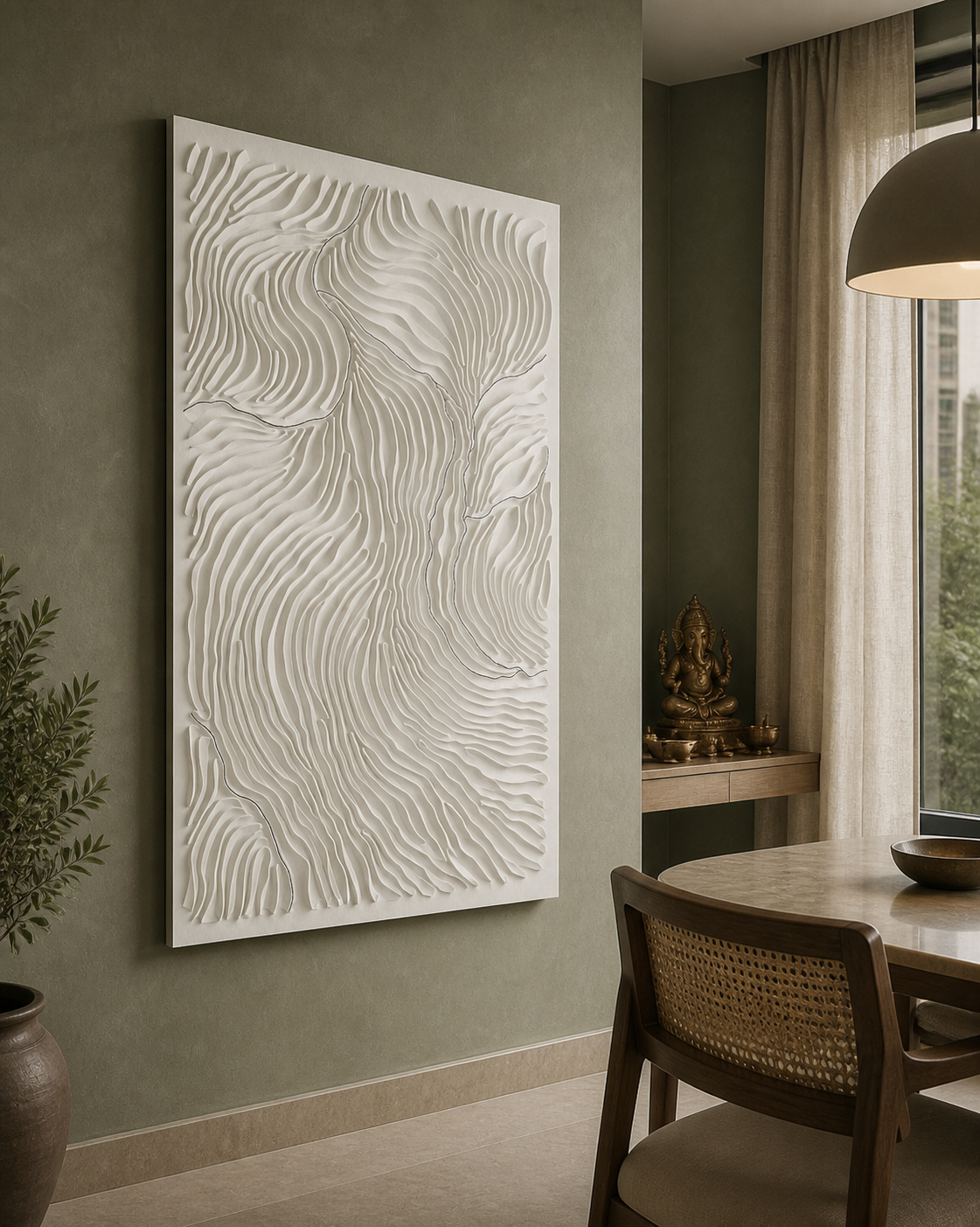 Contour Crossing white Corian wall panel left angle in muted-sage Khar dining niche
