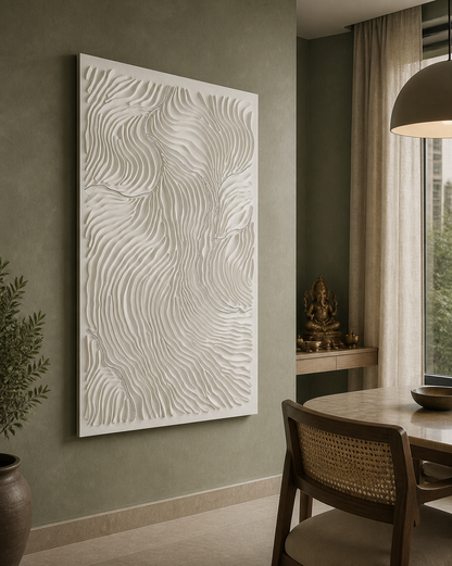 Contour Crossing white Corian wall panel left angle in muted-sage Khar dining niche