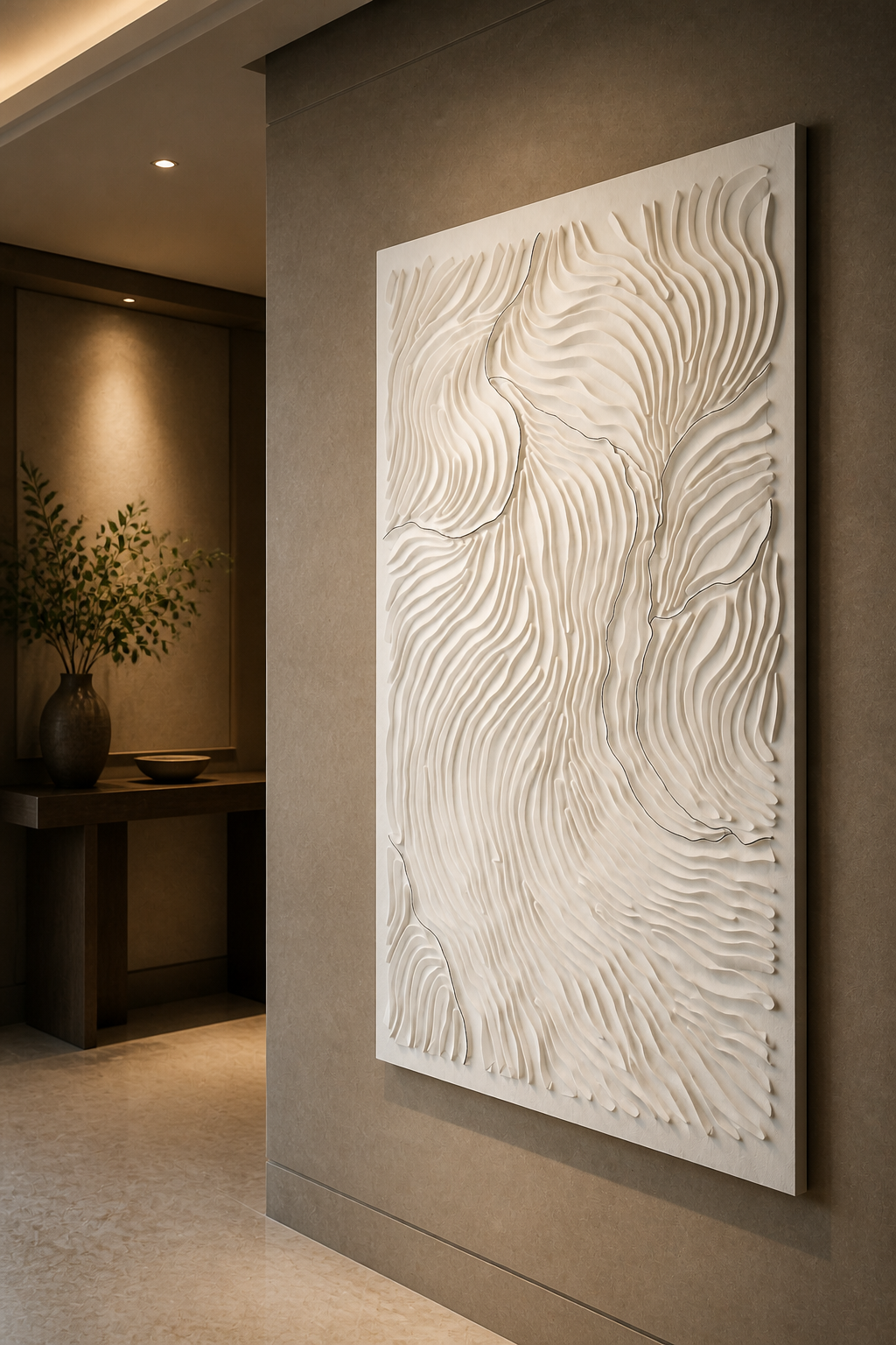Contour Crossing white Corian wall panel right angle in stone-toned Thane apartment foyer