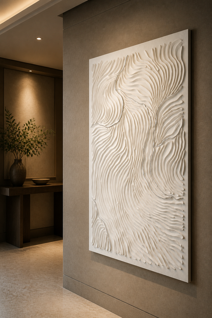 Contour Crossing white Corian wall panel right angle in stone-toned Thane apartment foyer