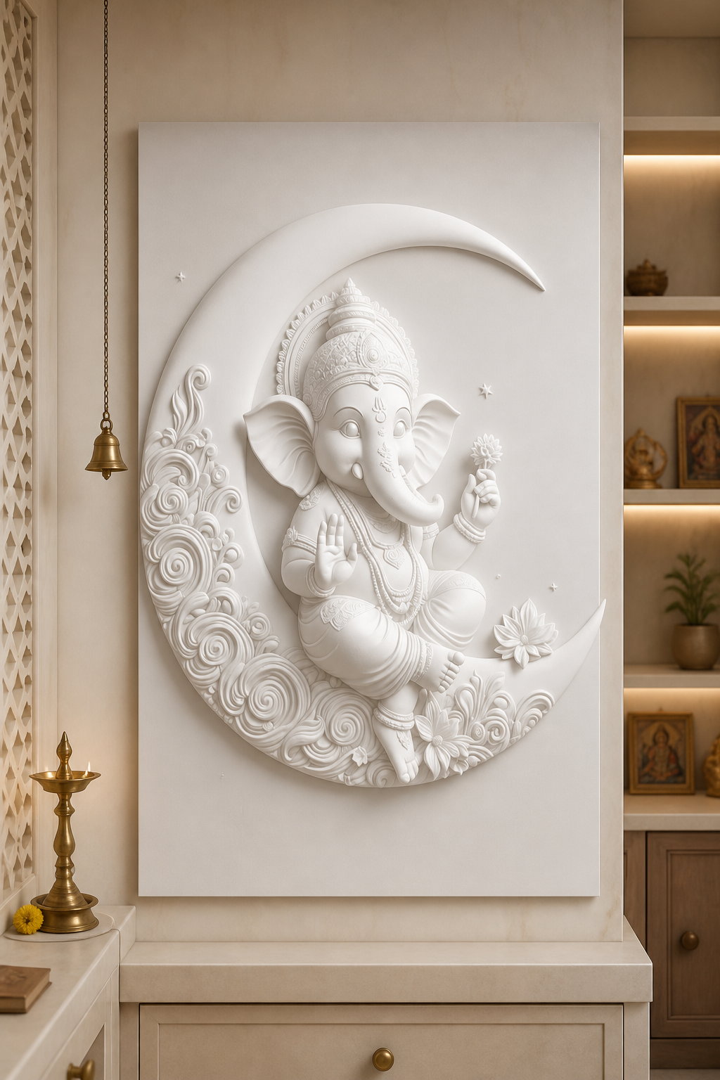 Crescent Ganesha white Corian wall panel front view in ivory Chembur home mandir