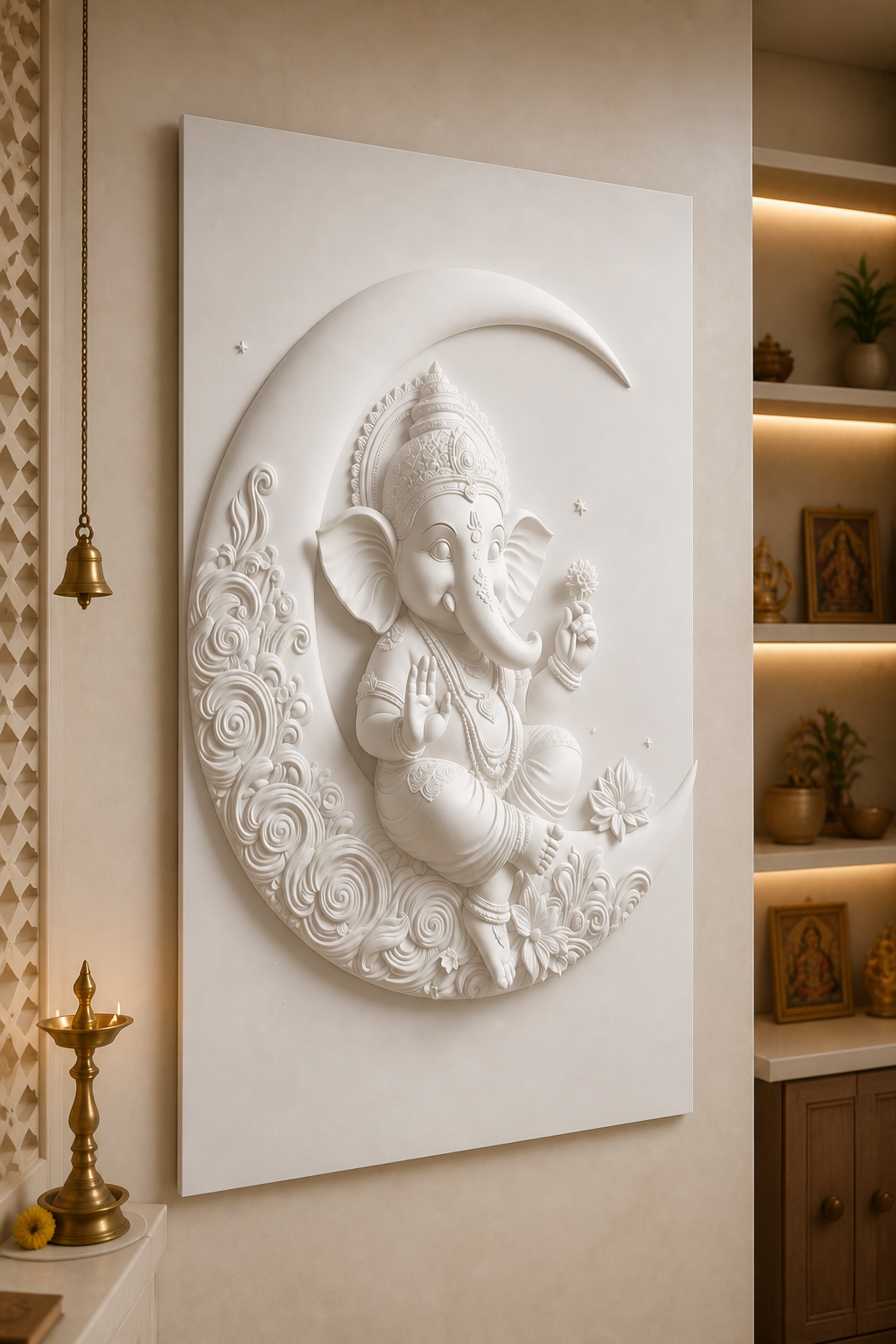 Crescent Ganesha white Corian wall panel left angle in warm-beige Ghatkopar prayer corner