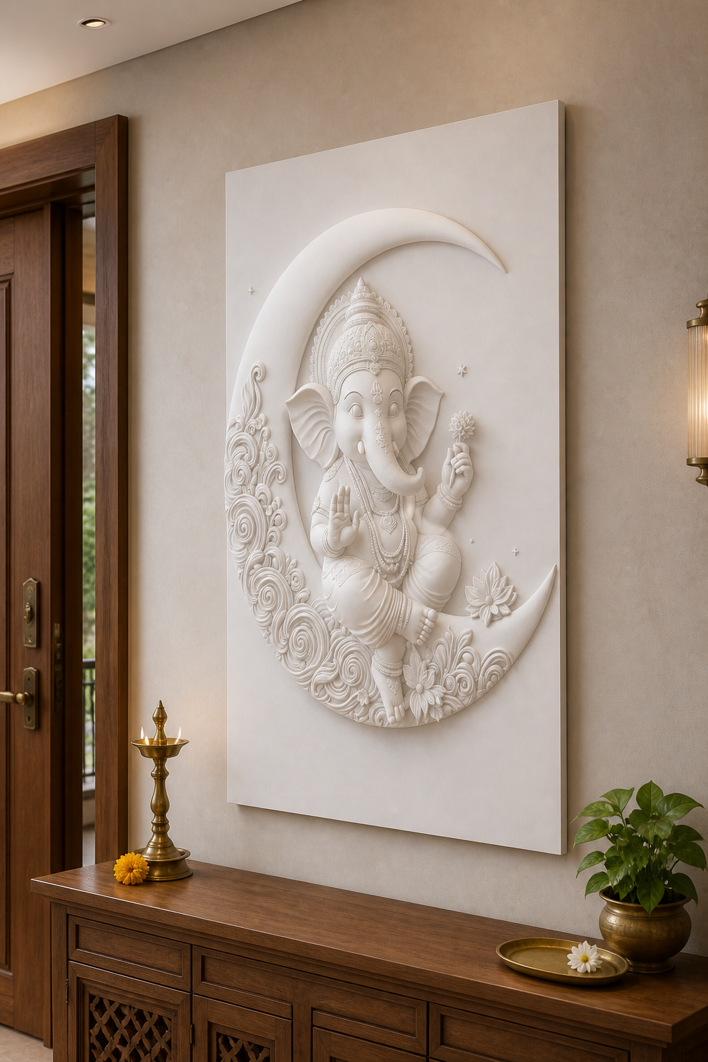 Crescent Ganesha white Corian wall panel right angle in premium Borivali foyer with teak console