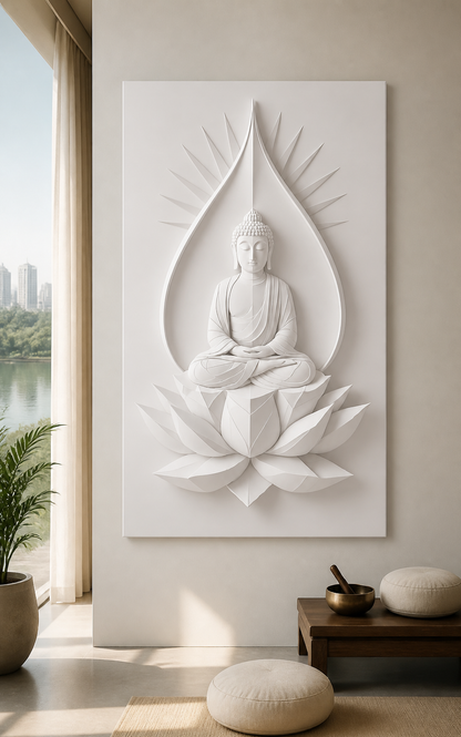 Lotus Aureole Buddha white Corian wall panel front view in calm Powai meditation room