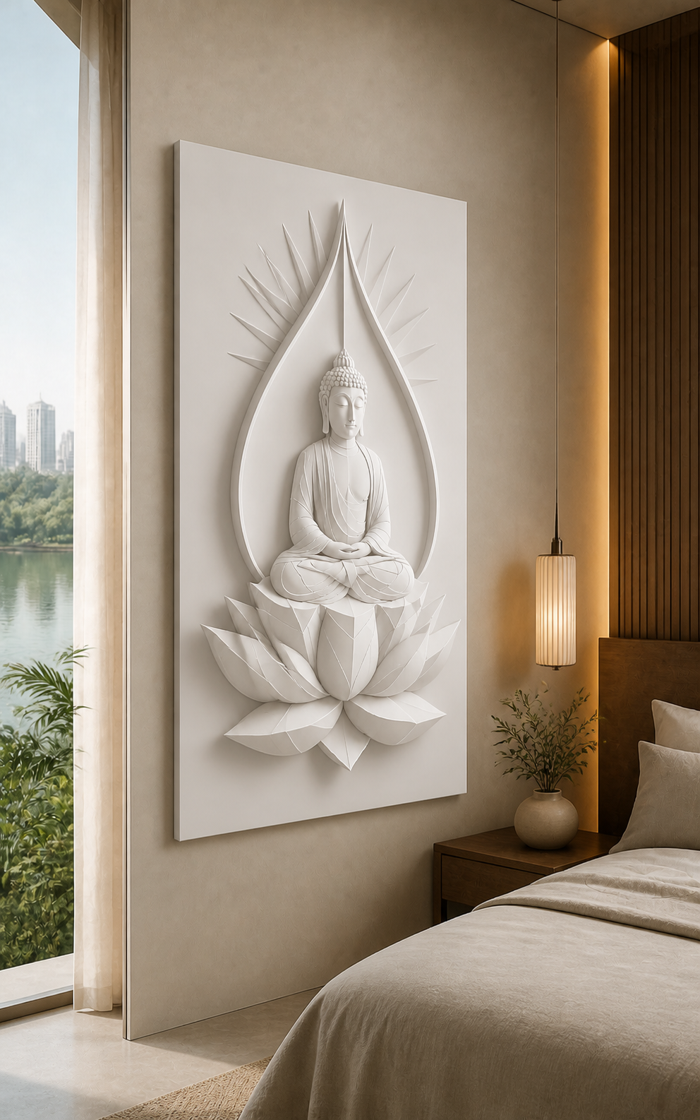 Lotus Aureole Buddha white Corian wall panel left angle in soft-taupe Bandra bedroom alcove