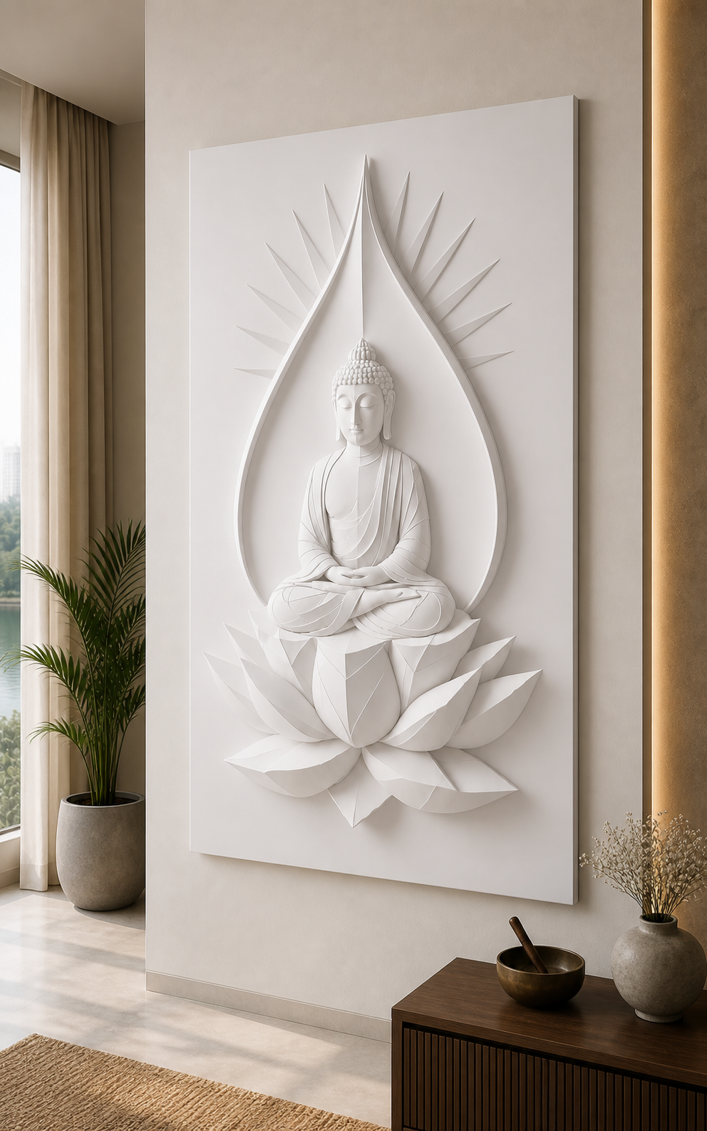 Lotus Aureole Buddha white Corian wall panel right angle in minimal Worli living-room console wall